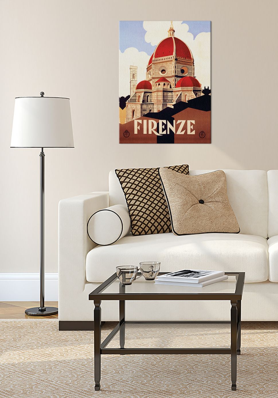 Obraz na płótnie Firenze wiszący w salonie na białej ścianie nad jasną kanapą