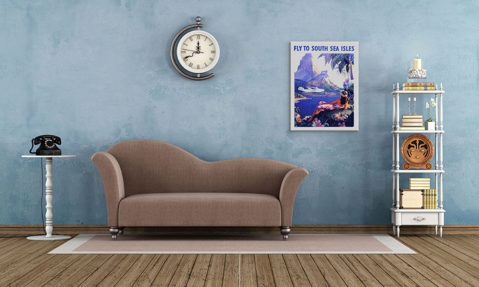 Obraz na płótnie South Sea Isles wiszący w salonie na niebieskiej ścianie nad brązową ścianą
