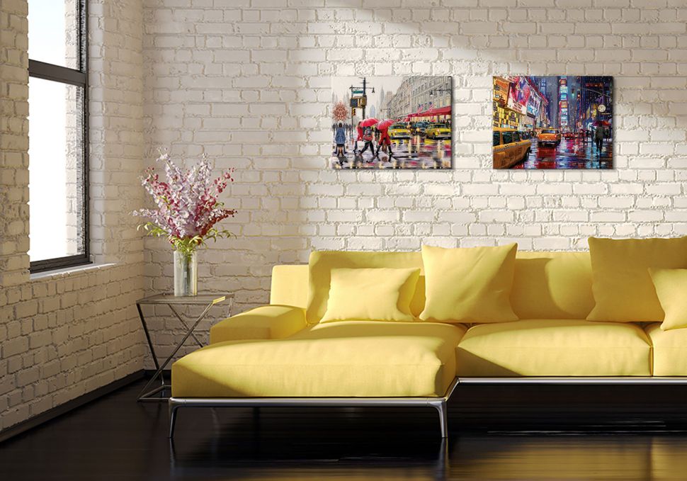 Obraz na płótnie New York Shoppers wiszący w salonie nad żółtym narożnikiem