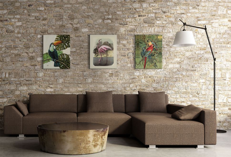 Obraz na płótnie Vintage Flamingos wiszący w salonie na ścianie ceglanej nad narożnikiem