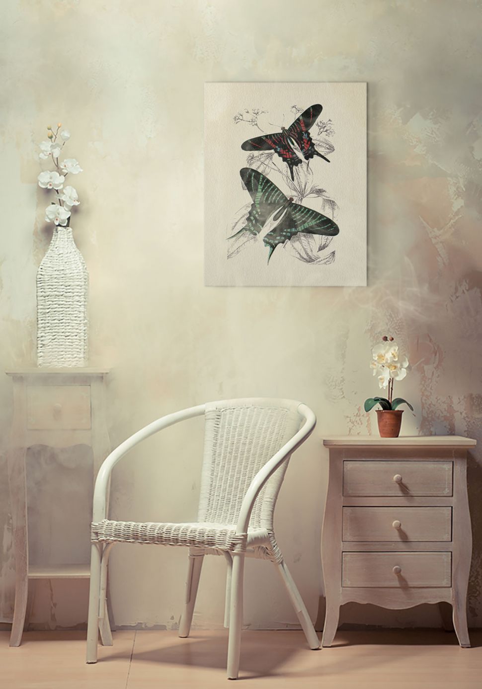 Obraz na płótnie Butterflies III z dwoma motylami wiszący w pokoju nad białym krzesłem