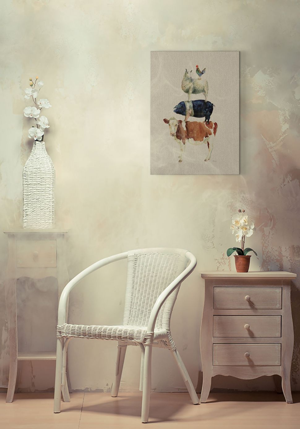 Obraz na płótnie Farmyard Fun wiszący w pokoju na jasnej ścianie nad białym krzesłem z wikliny