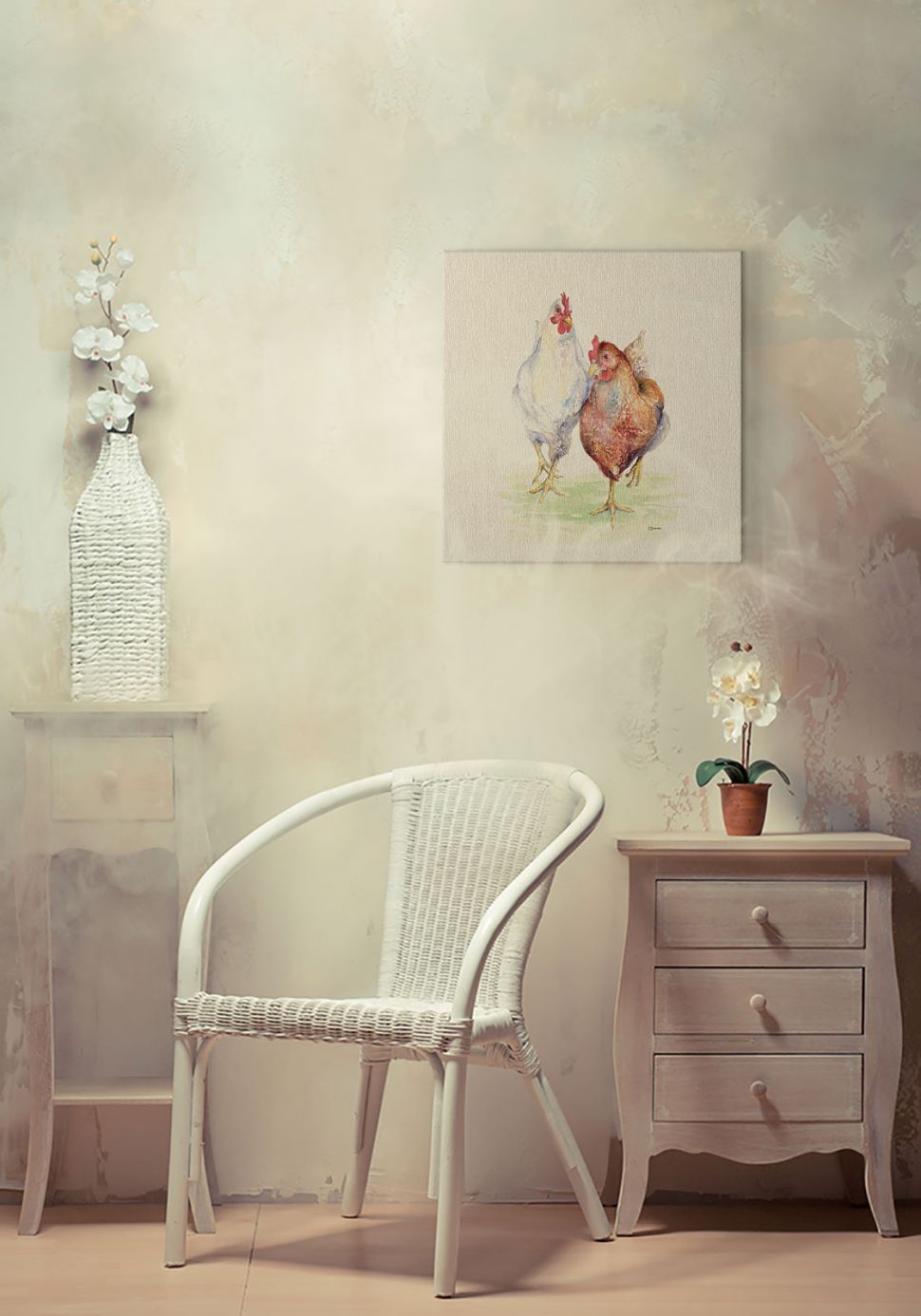 Obraz na płótnie Ethel & Mabel wiszący w pokoju nad białym wiklinowym krzesłem