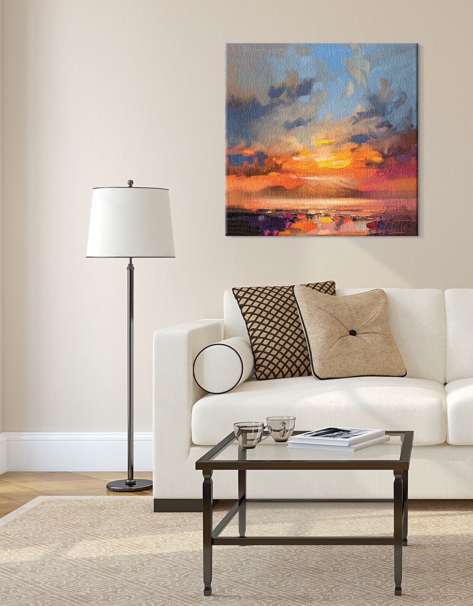 Canvas Rum Light Study przedstawiający zachód słońca wiszący nad białą kanapą na białej ścianie