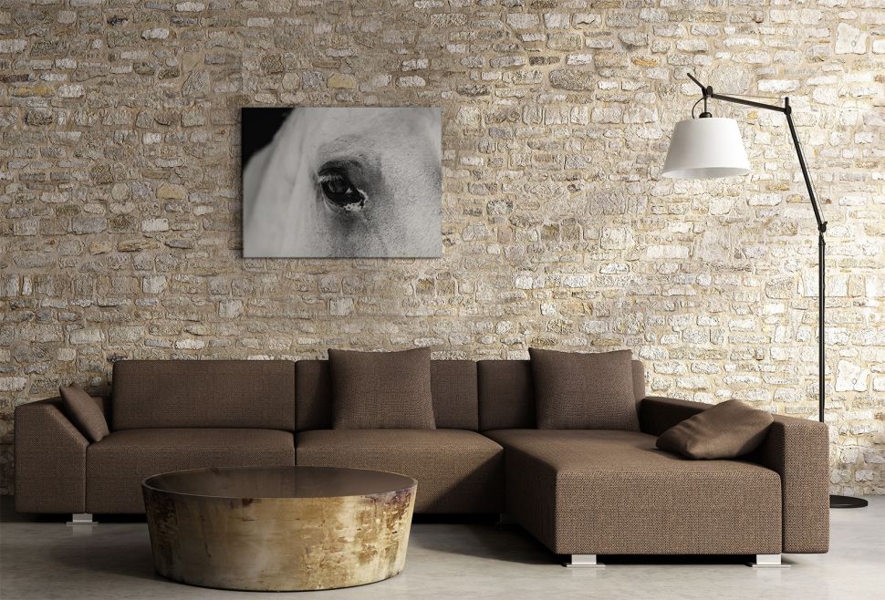 Obraz na płótnie Black eye wiszący na ceglanej ścianie nad brązową kanapą