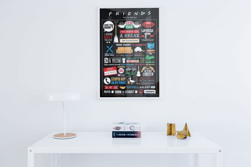 Plakat wiszący na białej ścianie przedstawiający infografikę z serialu Friends