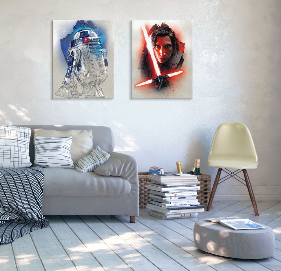 Obrazy na płótnie z postaciami z filmu Star Wars wiszącymi w salonie nad kanapą