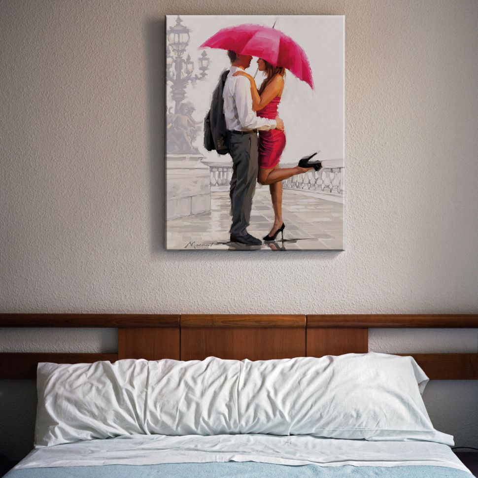 Canvas przedstawiający zakochanych pod różowym parasolem powieszony w sypialni nad łóżkiem