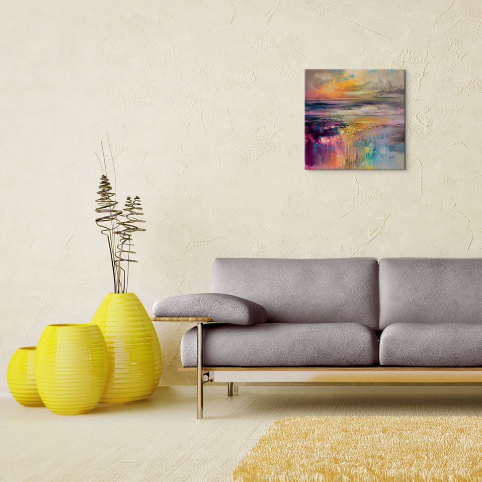 Obraz na płótnie przedstawiający kolorowy krajobraz wiszący w salonie nad kanapą