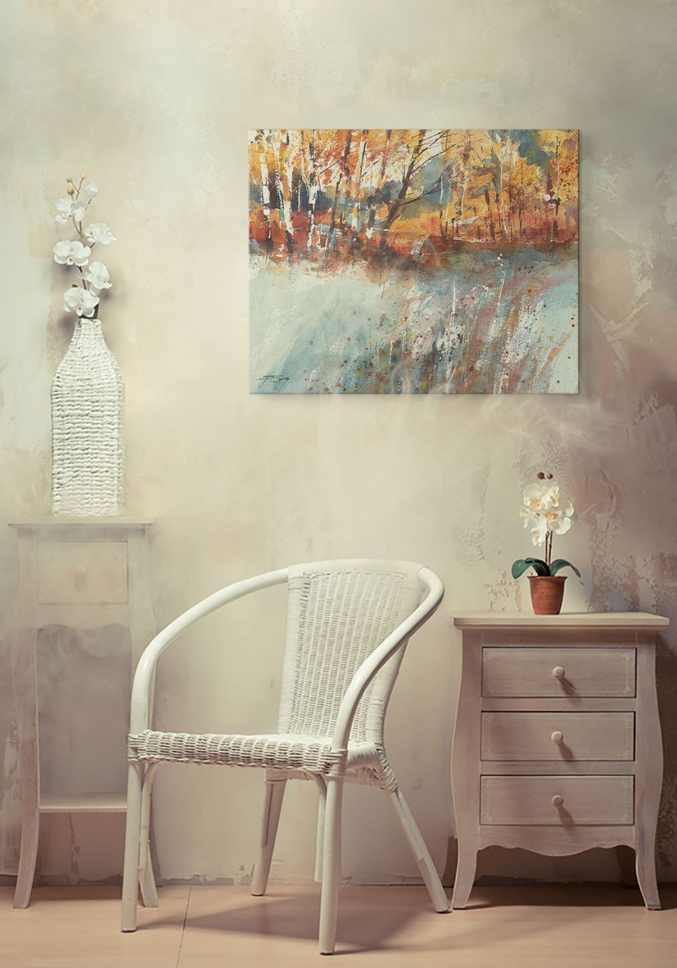 Canvas przedstawiający krajobraz powieszony w pokoju nad białym ażurowym krzesłem