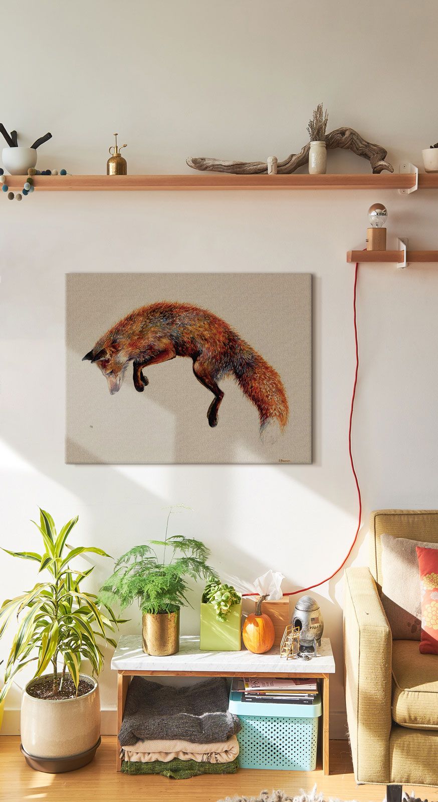 Canvas przedstawiający rudego lisa powieszony na ścianie w pokoju