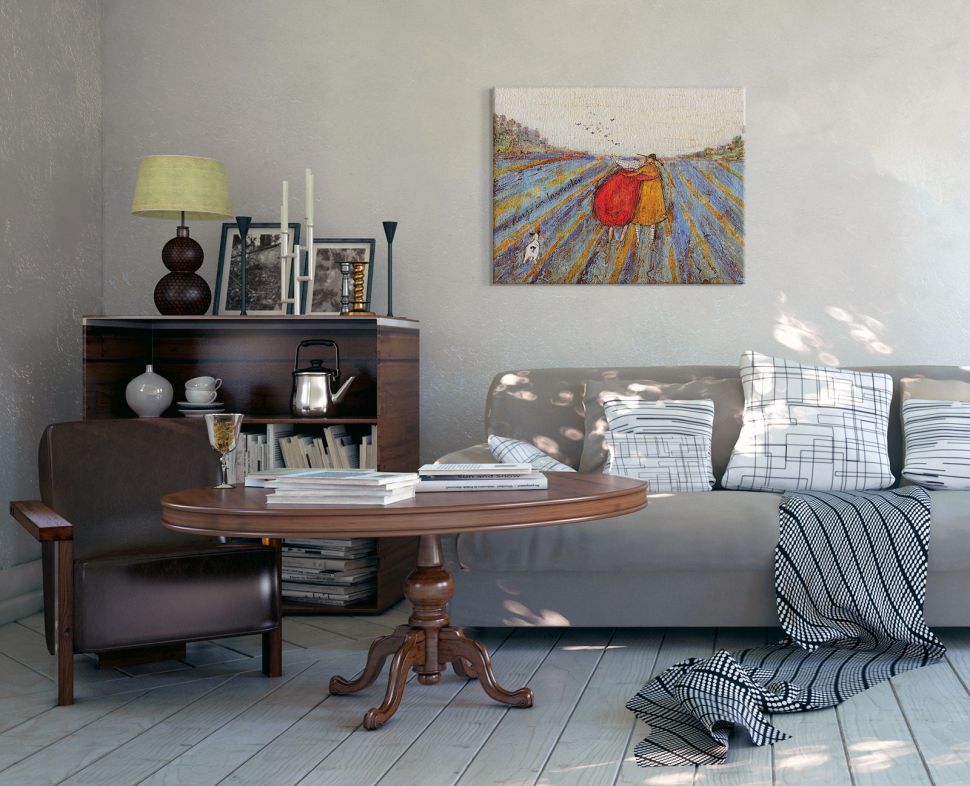 Obraz Sam Toft zatytułowany A Day in Lavender wiszący w salonie nad kanapą