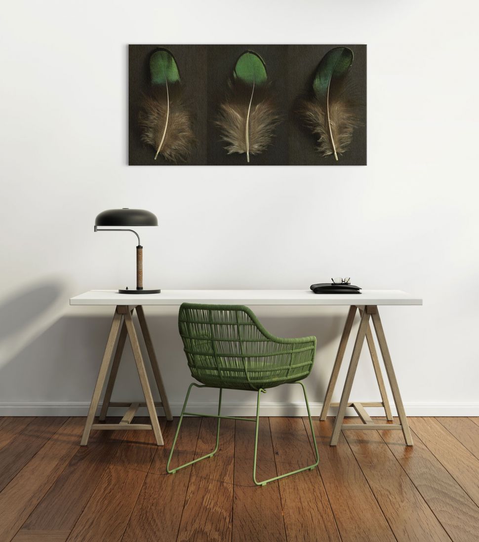 Zdjęcie pokazujące nowoczesny pokój z wiszącym na ścianie obrazem na płótnie z piórkami