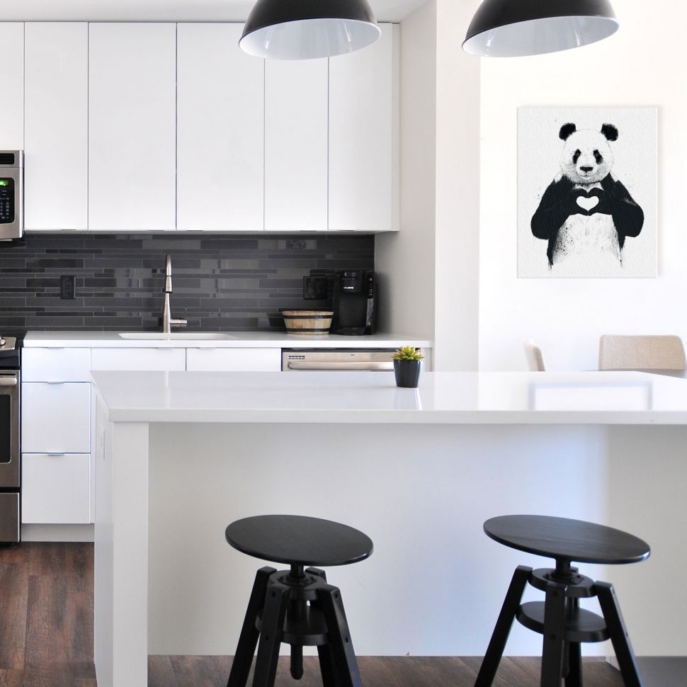 Zdjęcie nowoczesnej biało-czarnej kuchni z wiszącym na ścianie obrazem na płótnie przedstawiającym pandę