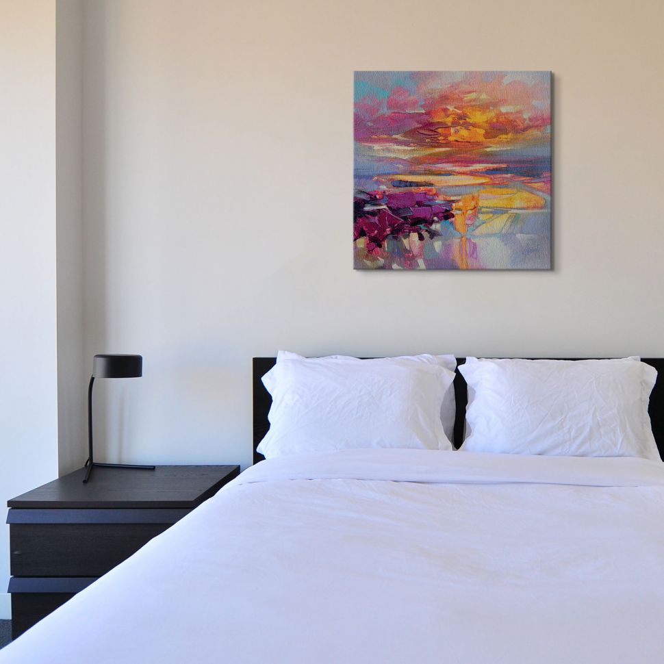 Obraz na płótnie przedstawiający malowniczy krajobraz wiszący w sypialni nad czarnym łóżkiem