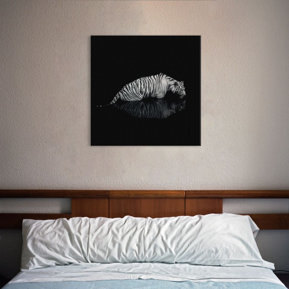 Obraz na płótnie przedstawiający tygrysa w wodzie na czarnym tle wiszący nad łóżkiem w sypialni
