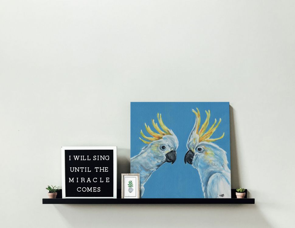 Canvas postawiony na czarnej półce party o ścianę przedstawiający papużki na niebieskim tle