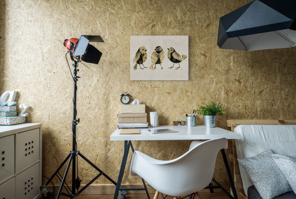 Obraz przedstawiający trzy ptaszki powieszony na ścianie nad białym biurkiem w nowoczesnym pokoju młodzieżowym