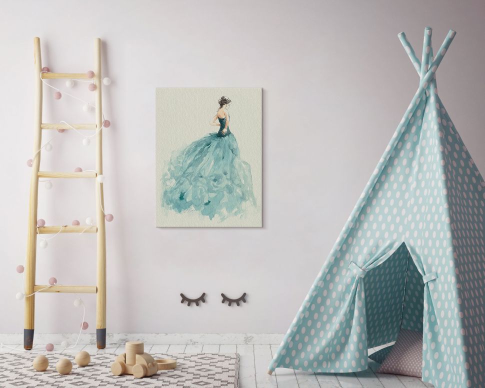 Zdjęcie nowoczesnego dziecięcego pokoju w którym obok niebieskiego namiotu w białe kropki powieszono obraz z kobietą w sukni balowej