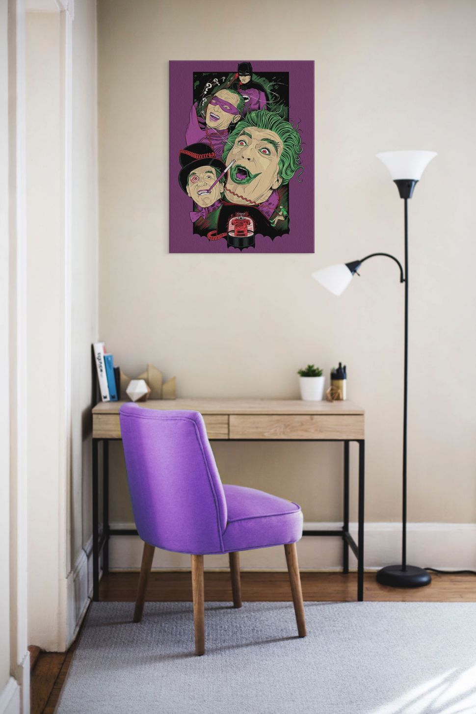 Obraz na płótnie z Jokerem powieszony nad biurkiem w pokoju