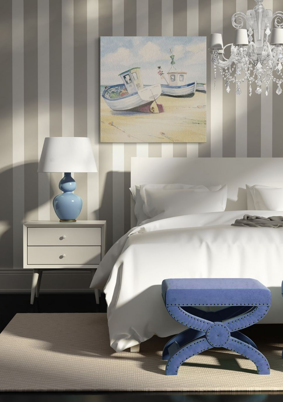 Canvas przedstawiający kutry rybackie na plaży powieszony na ścianie w sypialni