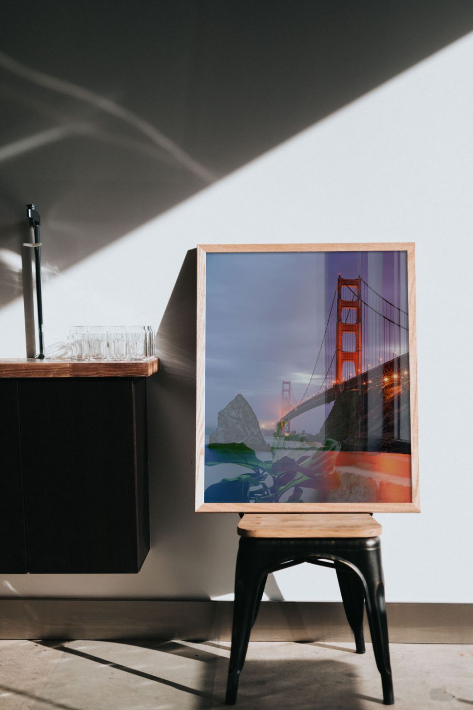 Poster Golden Gate Bridge oprawiony w drewnianą ramę