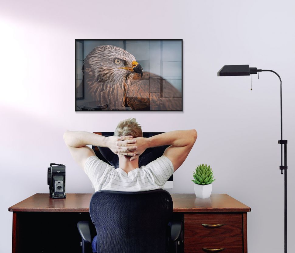Poster Eagle w czarnej ramie powieszony nad biurkiem