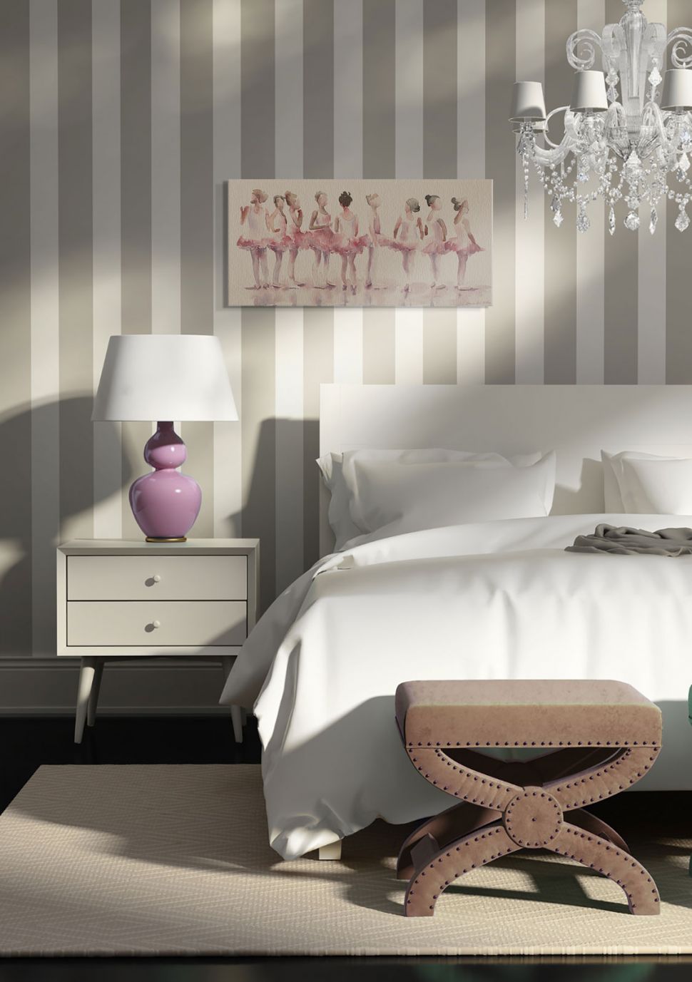 Canvas ukazujący Baletnice namalowany przez Aimee Del Valle zawieszony w sypialni nad białym łóżkiem