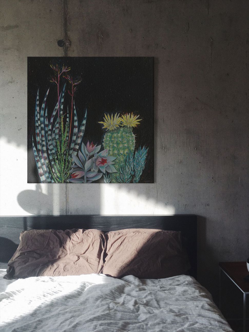 Obraz na płótnie autorki Shyama Ruffell zatytułowany Dark Tropical II umieszczony w sypiali nad łóżkiem
