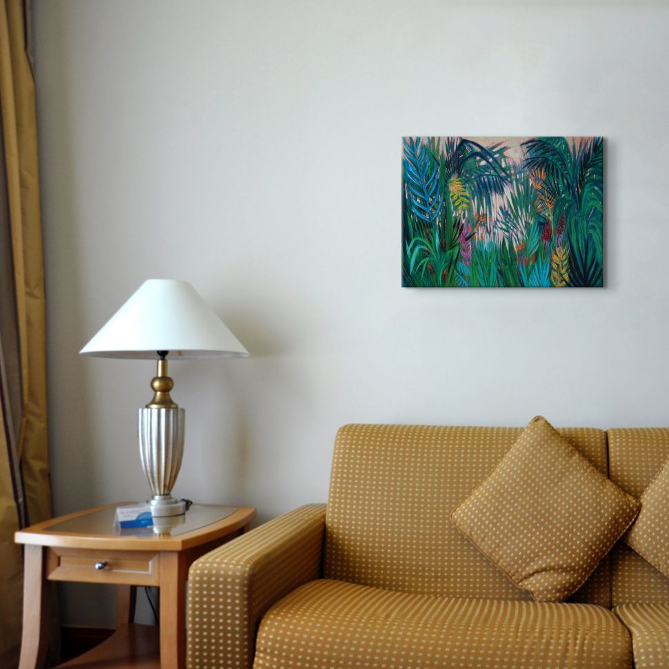 Obraz na płótnie malarki Shyama Ruffell przedstawiający Bujne zarośla w salonie nad sofą