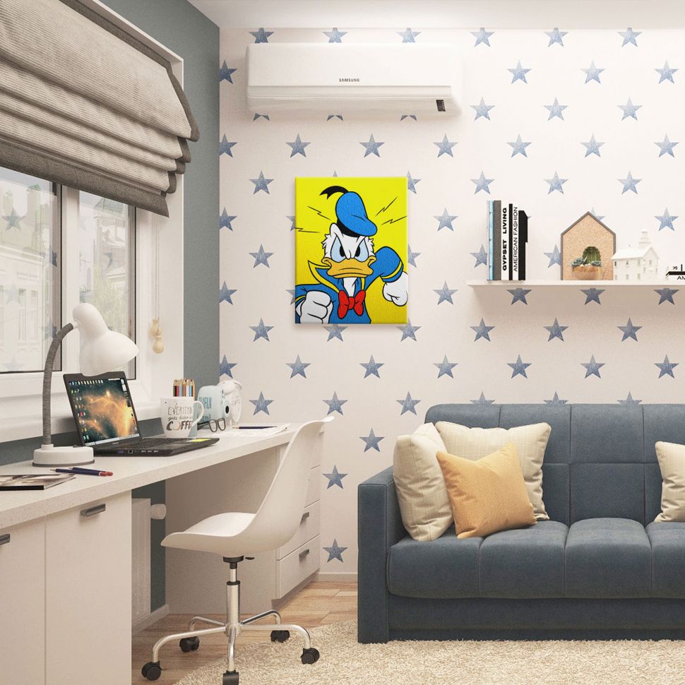 Canvas z bohaterem kreskówki Kaczorem Donaldem powieszony w pokoju dziecka na ścianie w gwiazdki