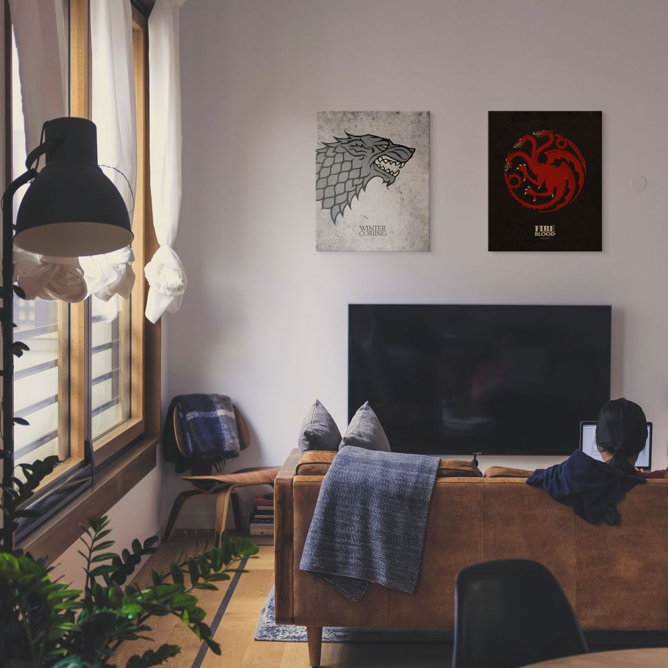 Canvas przedstawiający Herb Targaryen z serialu Gra o tron zawieszony w salonie nad plazmowym telewizorem obok obrazu z Herbem Stark