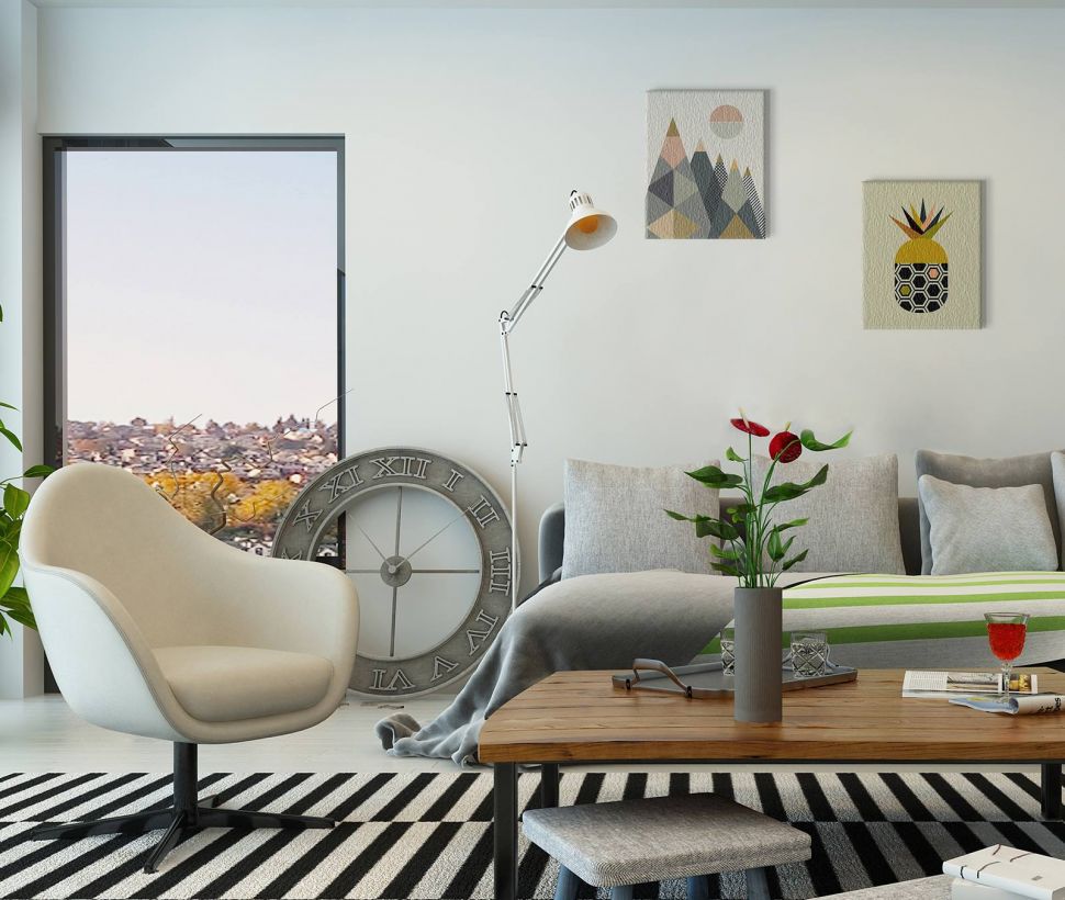 Canvas z Ananasem z serii Little Design Haus zawieszony w salonie nad szarą kanapą