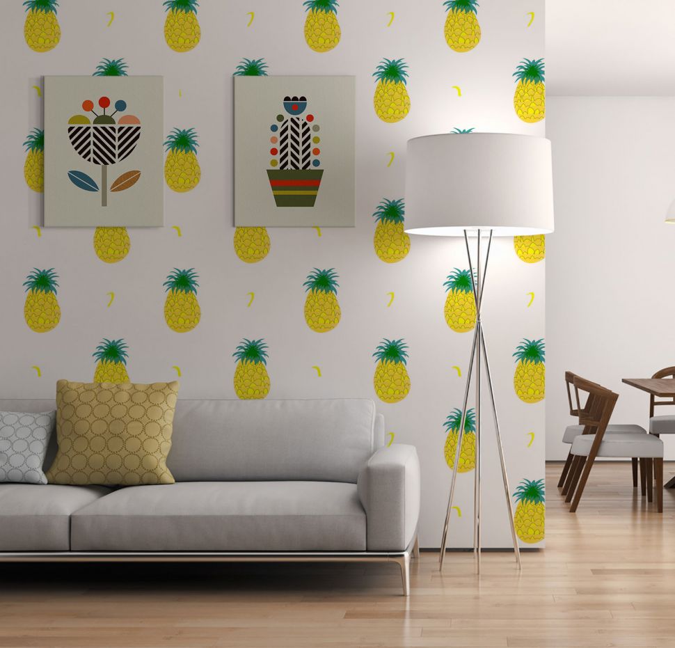 Canvas ukazujący Kolorowego kaktusa zawieszony na ścianie z ananasami w salonie nad sofą