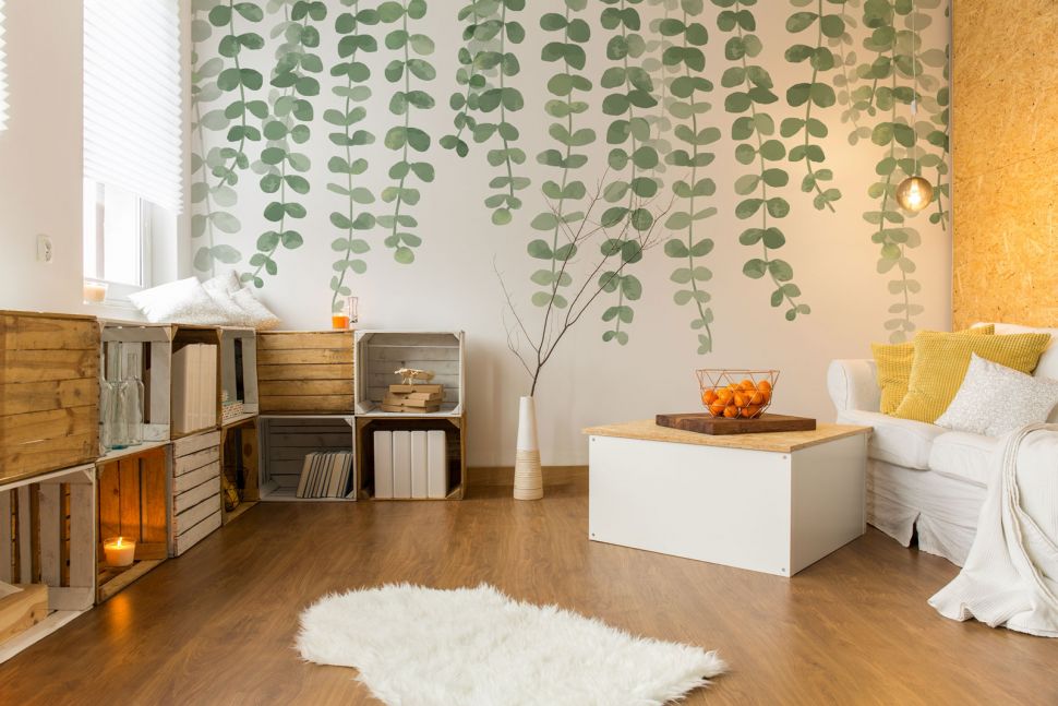 Fototapeta z liśćmi bluszczu na ścianie w salonie