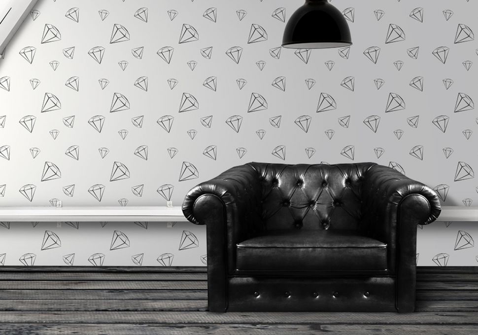 Fototapeta z rysowanymi diamentami na białym tle na ścianie w salonie