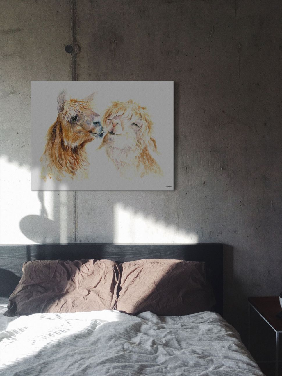 Obraz na płótnie Zakochane Lamy w sypialni nad łóżkiem z brązowymi poduszkami