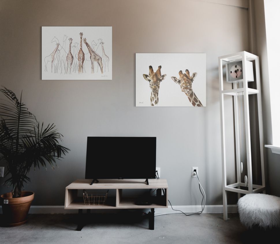 Obraz z dwoma żyrafami powieszony w salonie nad telewizorem obok obrazu ze stadem żyraf