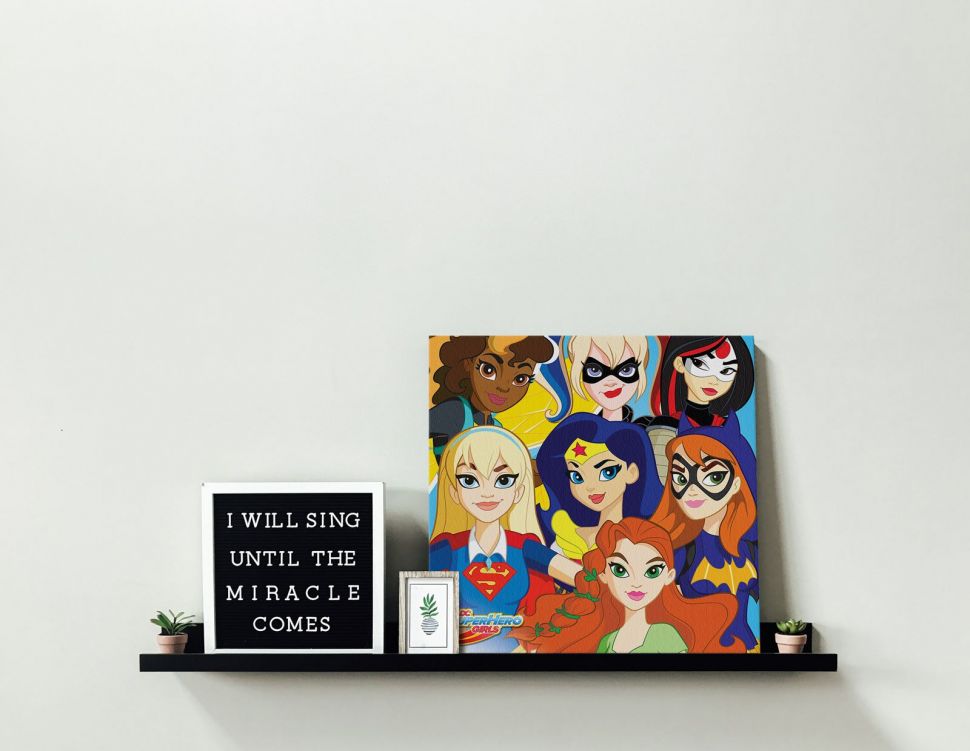 Obraz z superbohaterkami serialu DC Super Hero Girls na czarnej półce obok obrazków i kwiatków