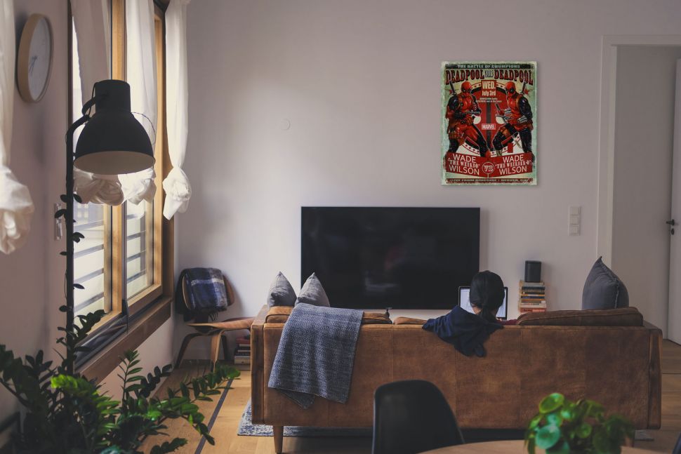Obraz na płótnie z Deadpoolem Wade vs Wade powieszony w salonie nad telewizorem