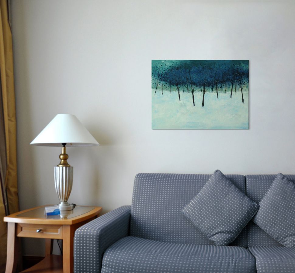 Obraz na płótnie Blue Trees on White powieszony w salonie nad kanapą