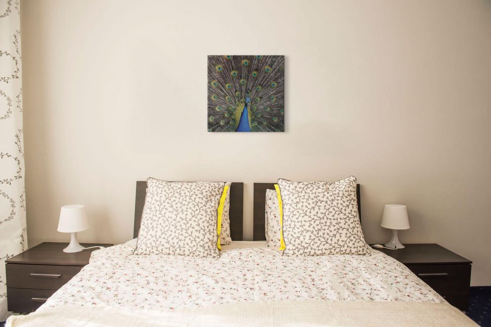 Kwadratowy Obraz z Pawiem powieszony w sypialni nad łóżkiem