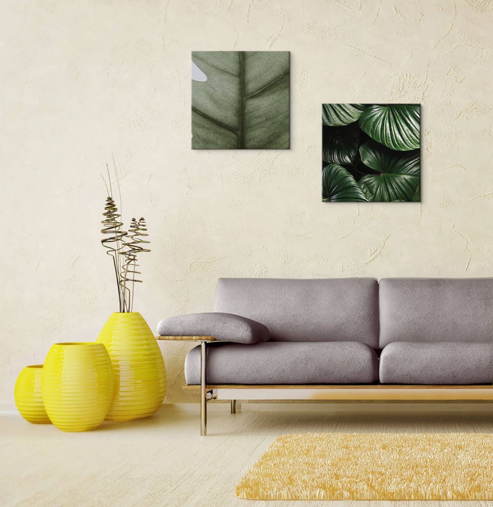 Obraz na płótnie z liśćmi monstery na ścianie w salonie nad kanapą