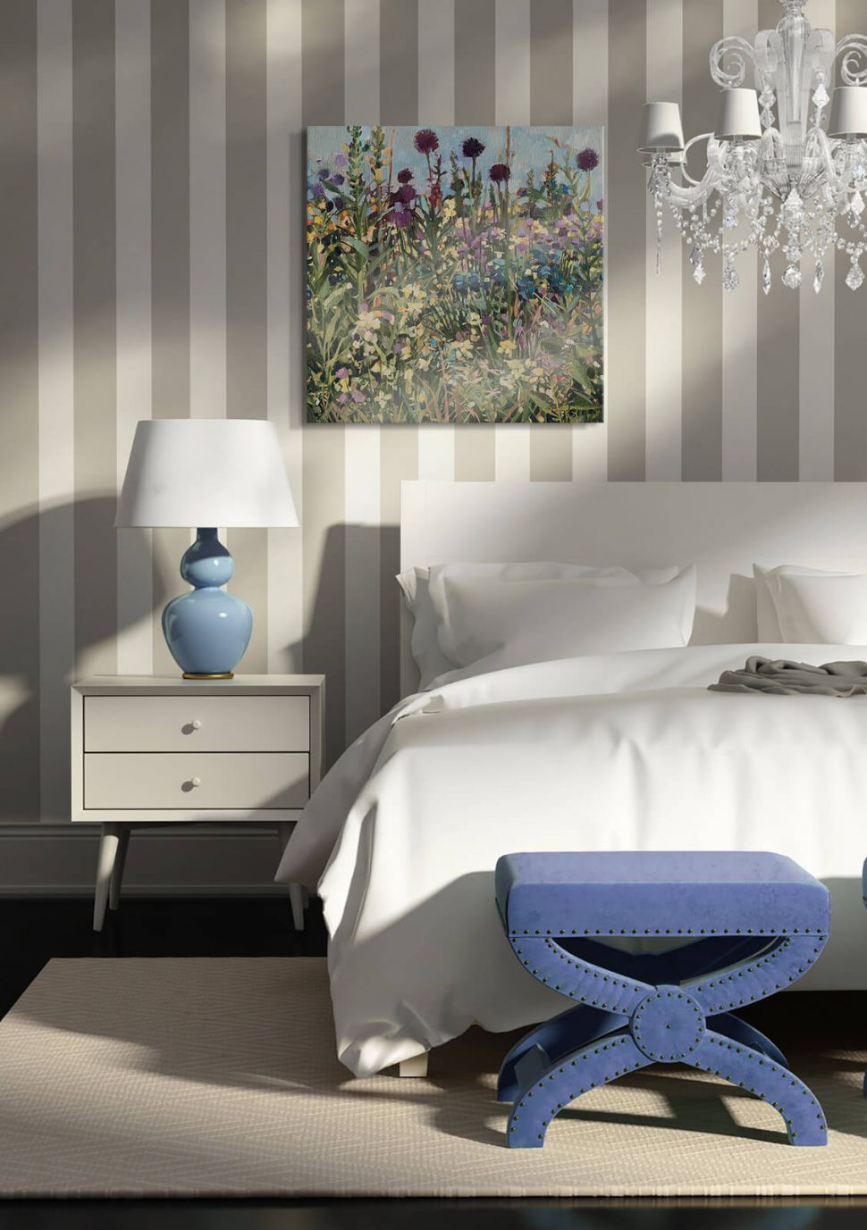 Obraz na płótnie przedstawiający łąkę o nazwie Bee Border powieszony w sypialni nad łóżkiem