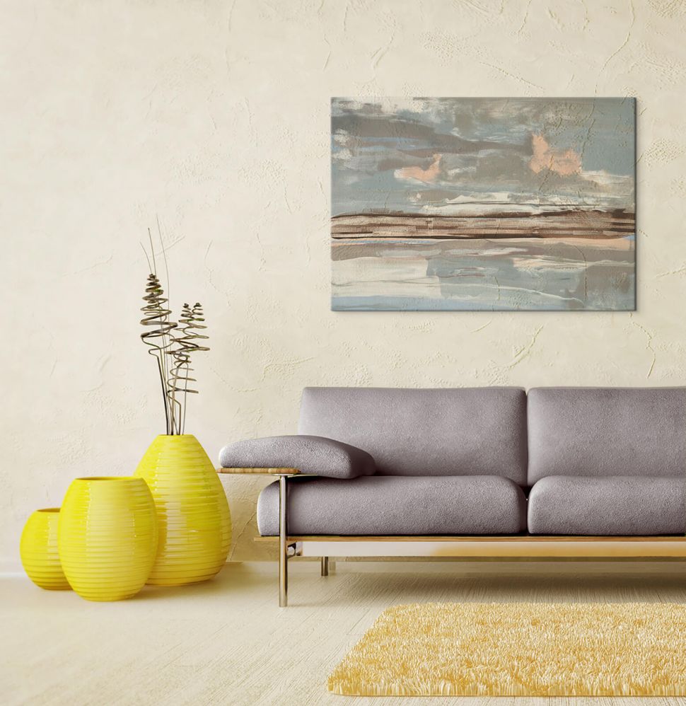 Obraz na płótnie wiszący na ścianie nad kanapą w salonie przy żółtych doniczkach