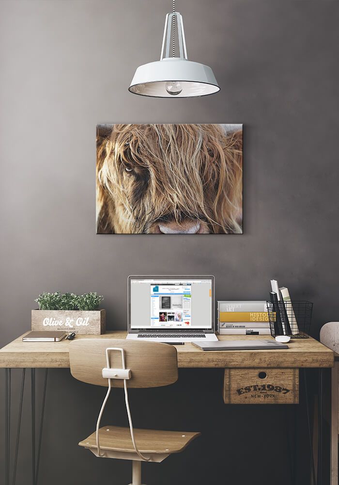 Obraz Górska Krowa powieszony w biurze nad biurkiem