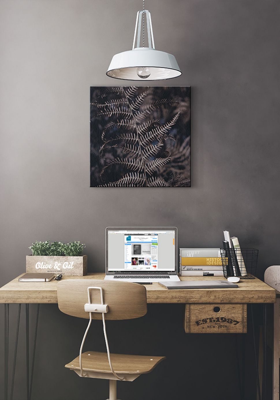 Obraz na płótnie z liściem paproci powieszony nad biurkiem