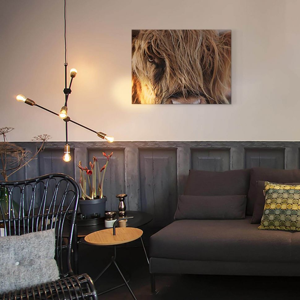 Obraz do salonu Górska Krowa powieszony nad kanapą