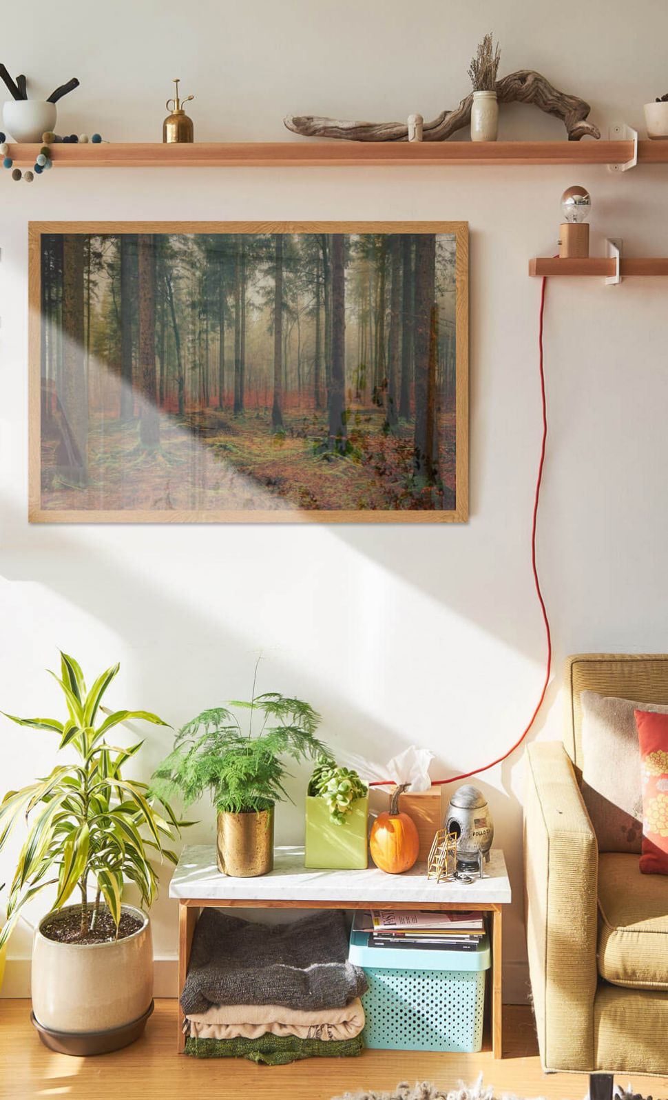 Plakat przedstawiający Zamglony Las powieszony w salonie pod drewnianą półką
