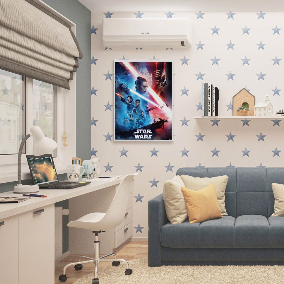 Canvas filmowy Star Wars: Rise Of Skywalker Saga powieszony w pokoju młodzieżowym na ścianie w gwiazdki